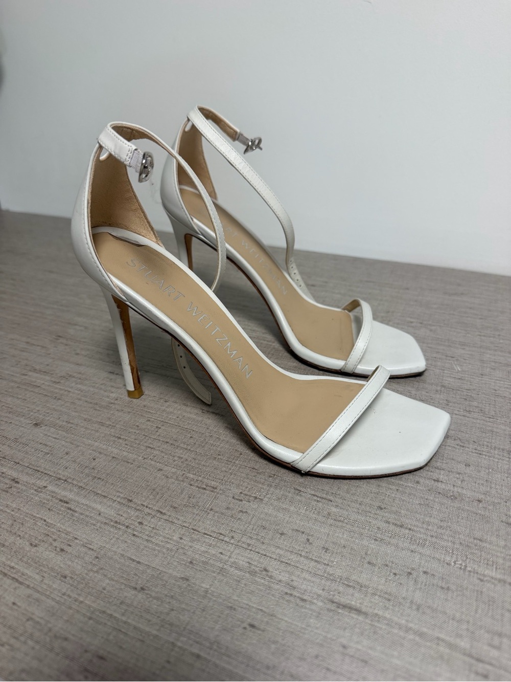 Stuart Weitzman White Minimal Ankle-Strap Stilettos